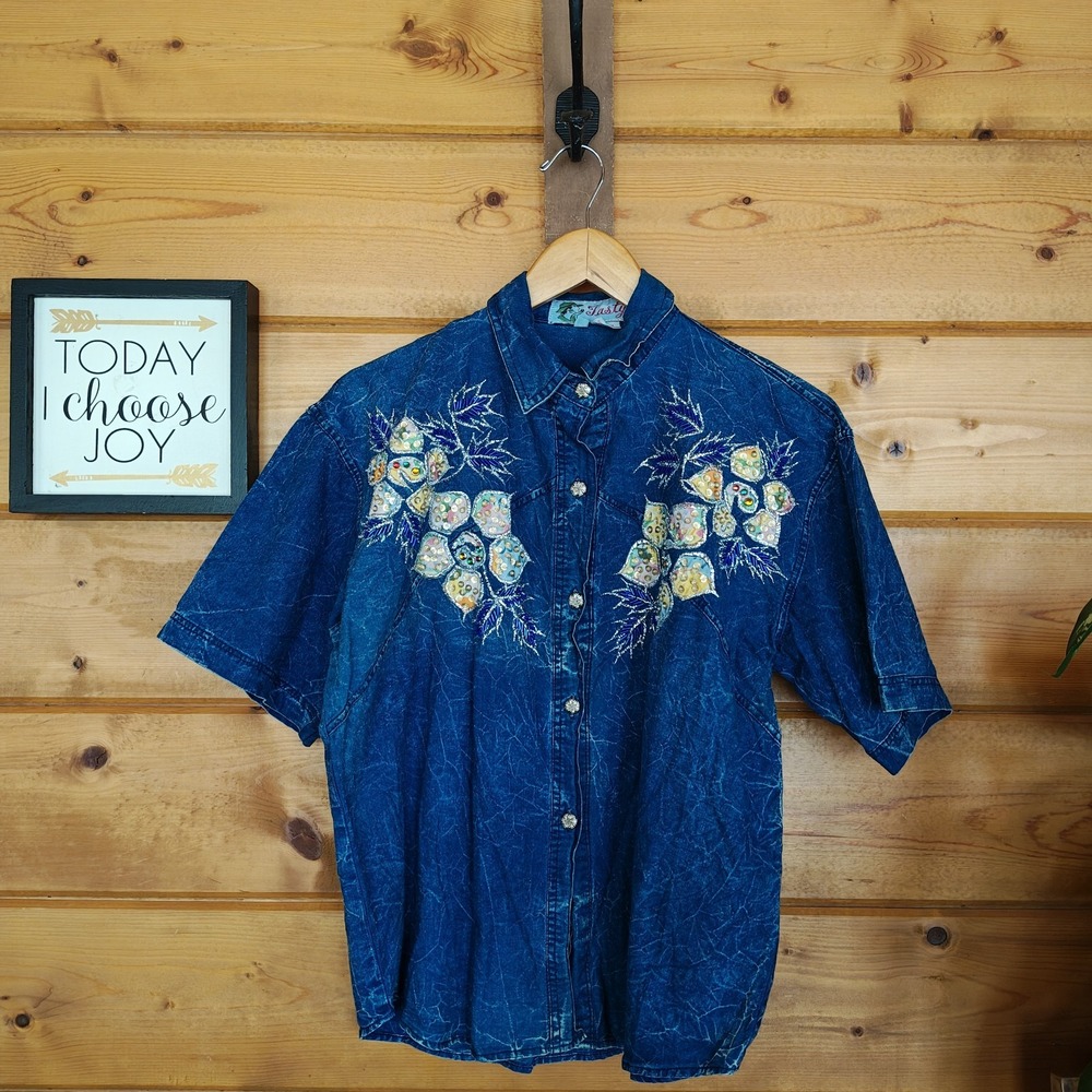 Vintage Tasty Brand Denim Button Down Shirt Sequin Beads Floral Embroidered Sz M
